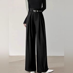 Commense Solid Belted Pleated Wide Leg Pants